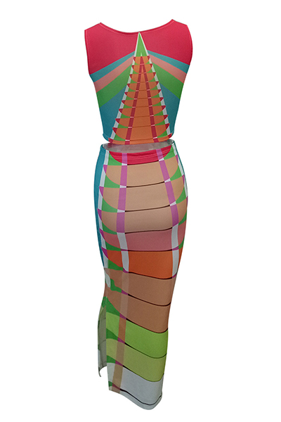 Stylish Round Neck Venetian Two-piece Skirt Set