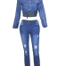 Stylish Turndown Collar Long Sleeves Button Design Blue Denim Two-piece Pants Set