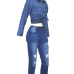 Stylish Turndown Collar Long Sleeves Button Design Blue Denim Two-piece Pants Set