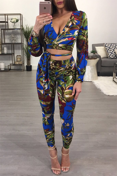 Stylish V Neck Long Sleeves Printed Hollow-out Blue Milk Fiber Two-piece Pants Set