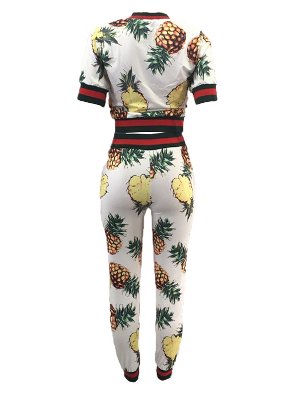 Trendy Round Neck Pineapple Printing White Cotton Two-piece Pants Set