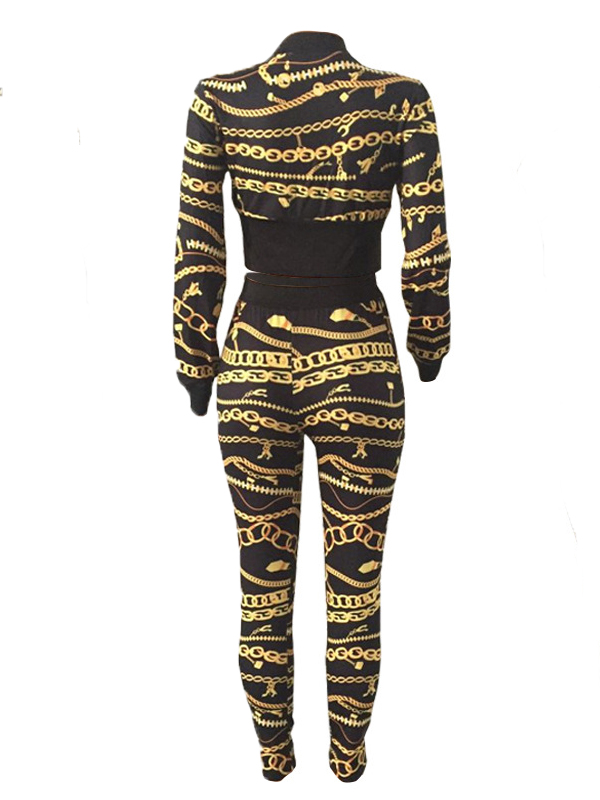 Trendy Round Neck Printed Zipper Design Black Knitting Two-piece Pants Set
