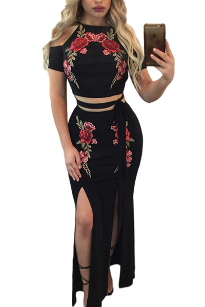 Trendy Round Neck Short Sleeves Embroidery High Split Black Qmilch Two-piece Skirt Set