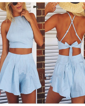 Trendy Tank Sleeves Backless Tied Blue Blending Two-piece Shorts Set