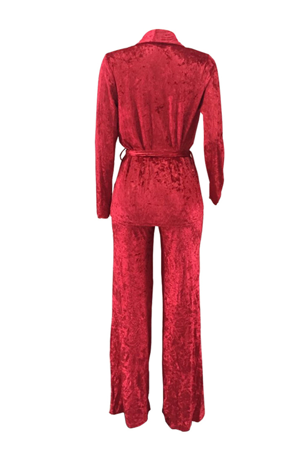 Trendy V Neck Lace-up Red Velvet Two-piece Pants Set