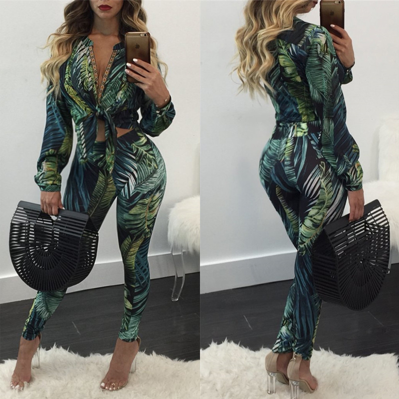 Trendy V Neck Printed Green Polyester Two-piece Pants Set