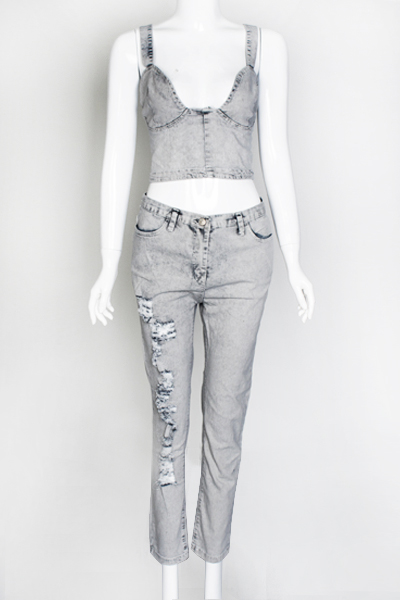 Trendy V Neck Sleeveless Broken Holes Grey Denim Two-piece Pants Set