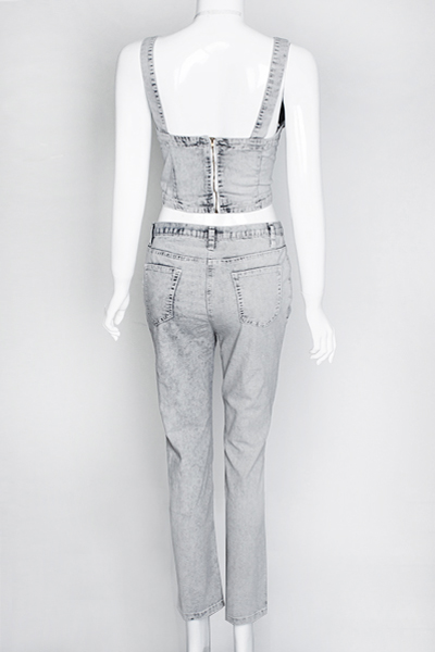 Trendy V Neck Sleeveless Broken Holes Grey Denim Two-piece Pants Set