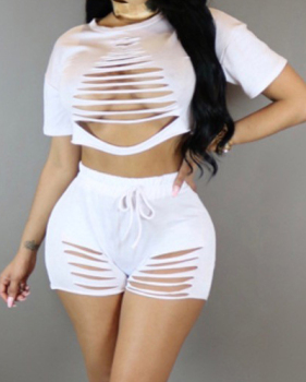 White Cotton Blend Shorts Solid O neck Short Sleeve Sexy Two Pieces