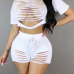 White Cotton Blend Shorts Solid O neck Short Sleeve Sexy Two Pieces