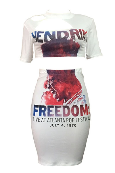 White Polyester Skirt Print O neck Short Sleeve Sexy Two Pieces
